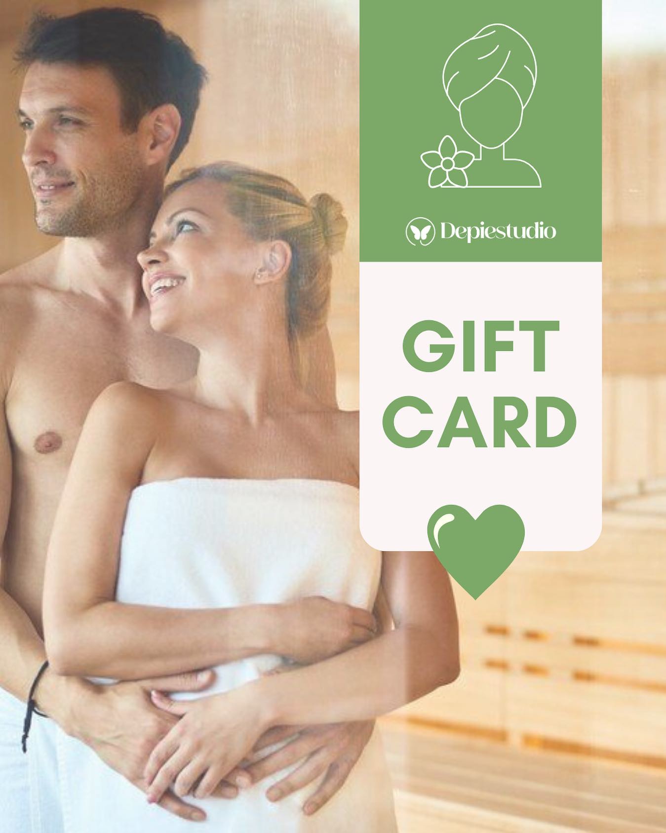 La gift card de Depiestudio: logo de la mariposa sobre verde salvia y la leyenda GIFT CARD